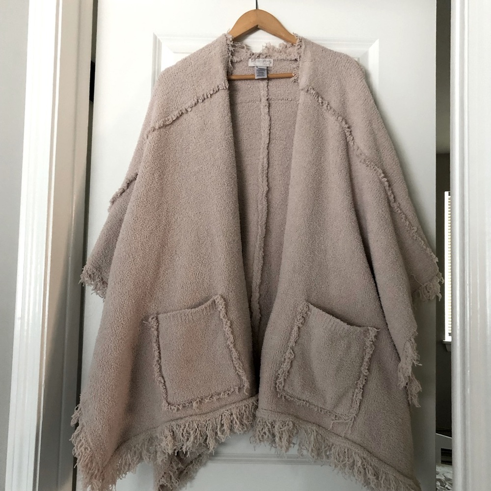 Barefoot Dreams Cozy Chic Fringe Poncho Shawl Beige - Picture 2 of 10